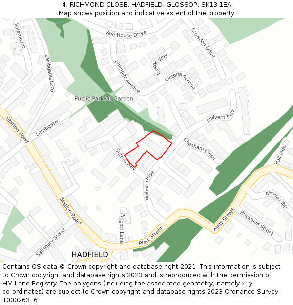 4, RICHMOND CLOSE, HADFIELD, GLOSSOP, SK13 1EA: Location map and indicative extent of plot