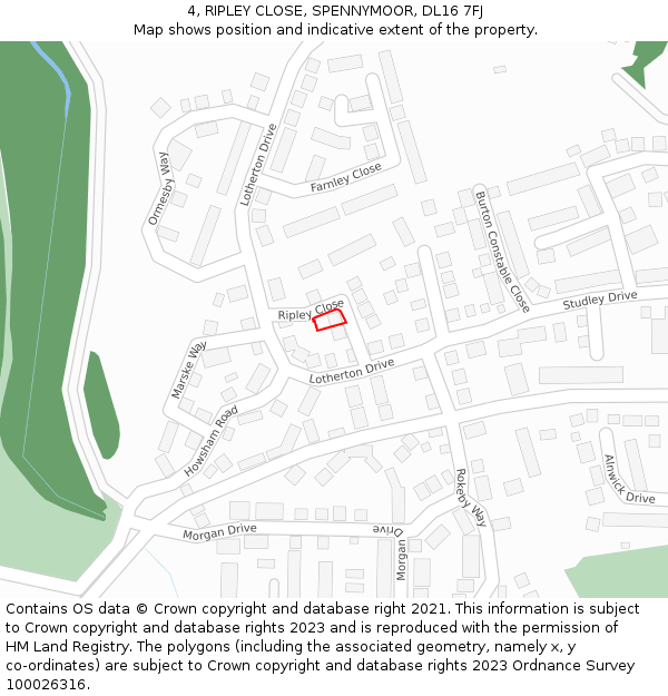 4, RIPLEY CLOSE, SPENNYMOOR, DL16 7FJ: Location map and indicative extent of plot