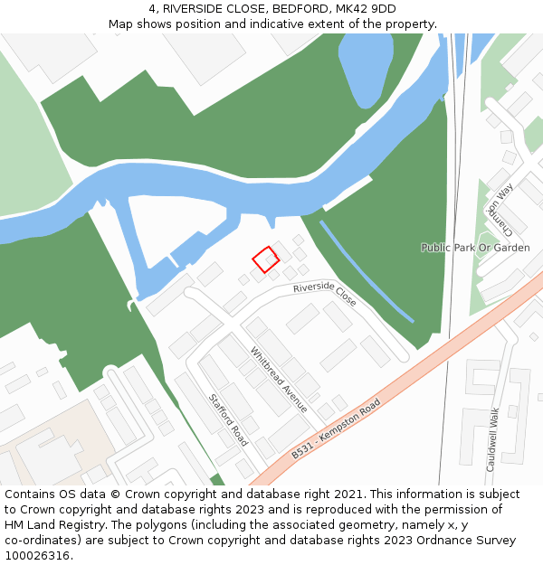 4, RIVERSIDE CLOSE, BEDFORD, MK42 9DD: Location map and indicative extent of plot