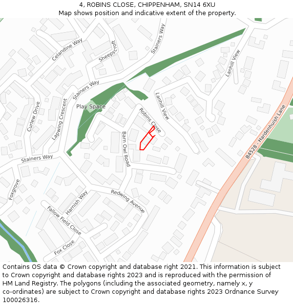4, ROBINS CLOSE, CHIPPENHAM, SN14 6XU: Location map and indicative extent of plot