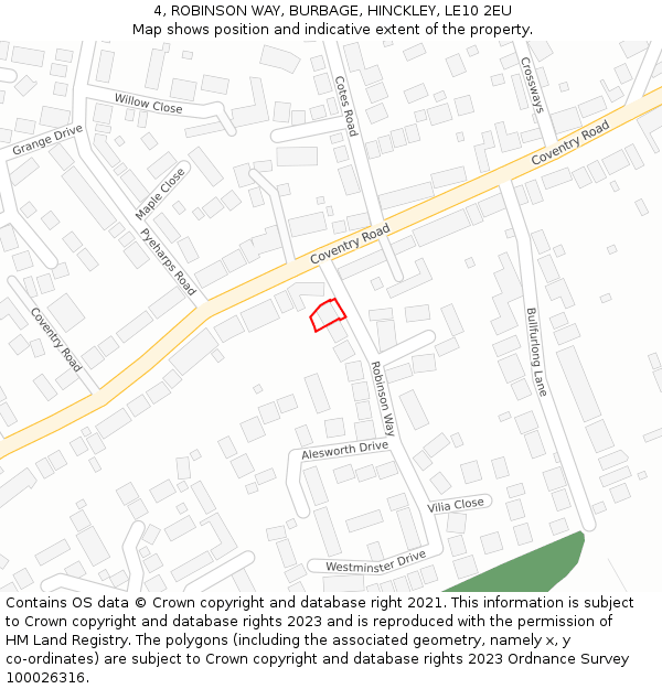 4, ROBINSON WAY, BURBAGE, HINCKLEY, LE10 2EU: Location map and indicative extent of plot