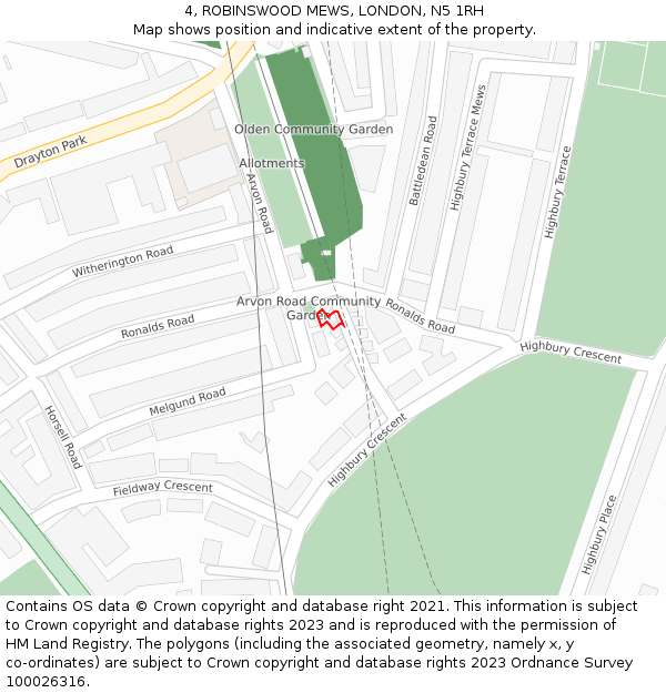 4, ROBINSWOOD MEWS, LONDON, N5 1RH: Location map and indicative extent of plot