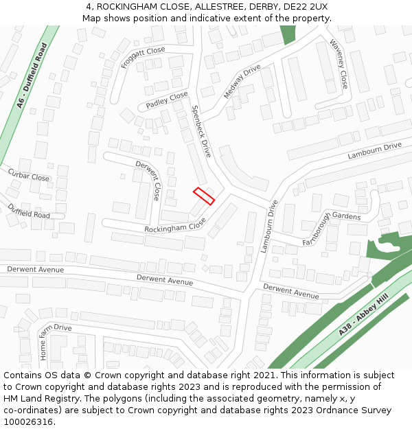4, ROCKINGHAM CLOSE, ALLESTREE, DERBY, DE22 2UX: Location map and indicative extent of plot