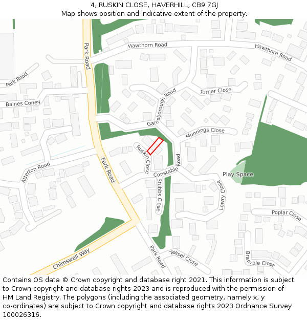 4, RUSKIN CLOSE, HAVERHILL, CB9 7GJ: Location map and indicative extent of plot