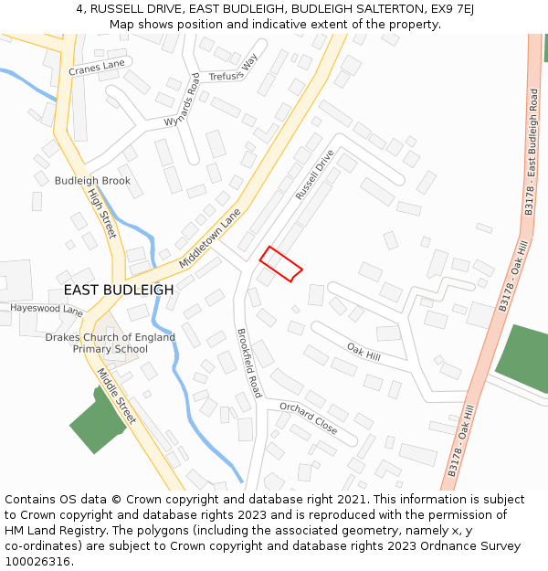 4, RUSSELL DRIVE, EAST BUDLEIGH, BUDLEIGH SALTERTON, EX9 7EJ: Location map and indicative extent of plot
