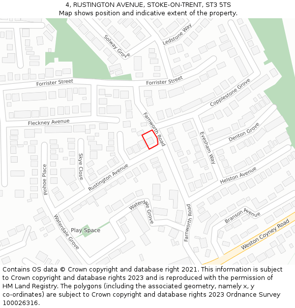 4, RUSTINGTON AVENUE, STOKE-ON-TRENT, ST3 5TS: Location map and indicative extent of plot
