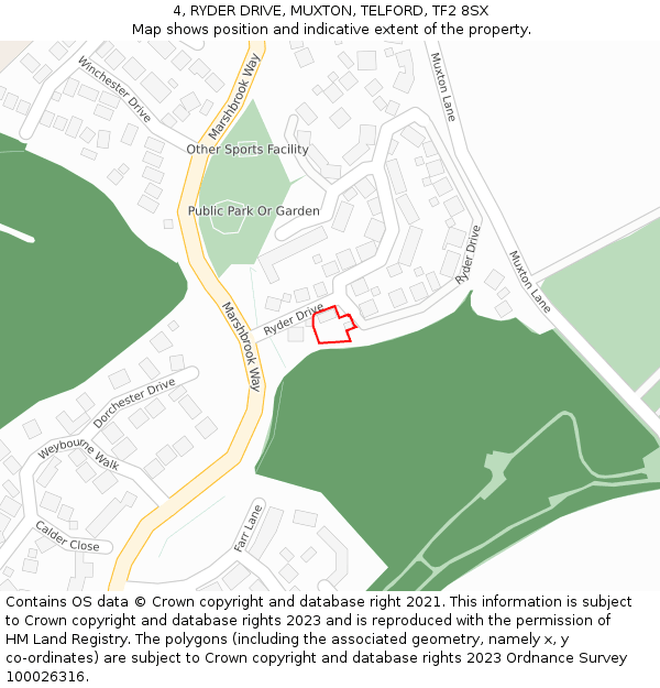4, RYDER DRIVE, MUXTON, TELFORD, TF2 8SX: Location map and indicative extent of plot