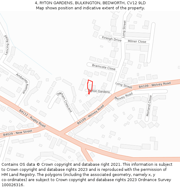 4, RYTON GARDENS, BULKINGTON, BEDWORTH, CV12 9LD: Location map and indicative extent of plot