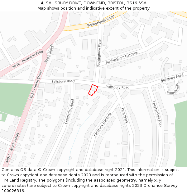 4, SALISBURY DRIVE, DOWNEND, BRISTOL, BS16 5SA: Location map and indicative extent of plot