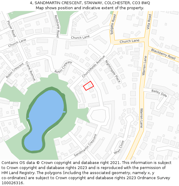 4, SANDMARTIN CRESCENT, STANWAY, COLCHESTER, CO3 8WQ: Location map and indicative extent of plot