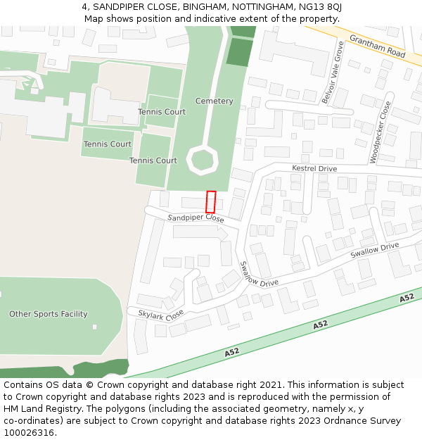 4, SANDPIPER CLOSE, BINGHAM, NOTTINGHAM, NG13 8QJ: Location map and indicative extent of plot