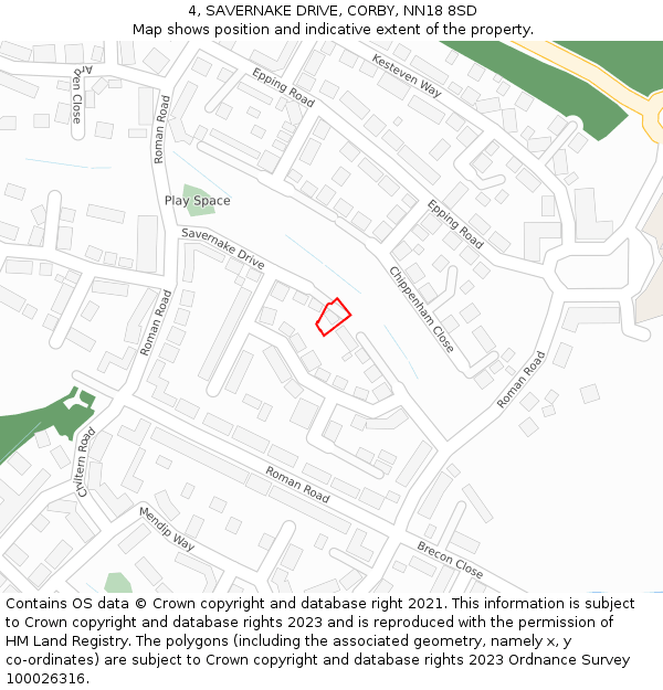 4, SAVERNAKE DRIVE, CORBY, NN18 8SD: Location map and indicative extent of plot