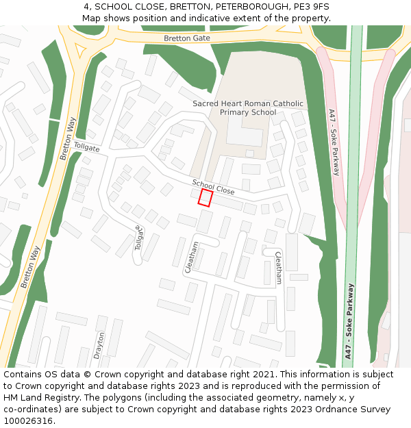 4, SCHOOL CLOSE, BRETTON, PETERBOROUGH, PE3 9FS: Location map and indicative extent of plot
