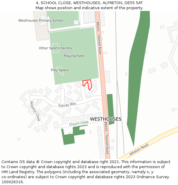 4, SCHOOL CLOSE, WESTHOUSES, ALFRETON, DE55 5AT: Location map and indicative extent of plot