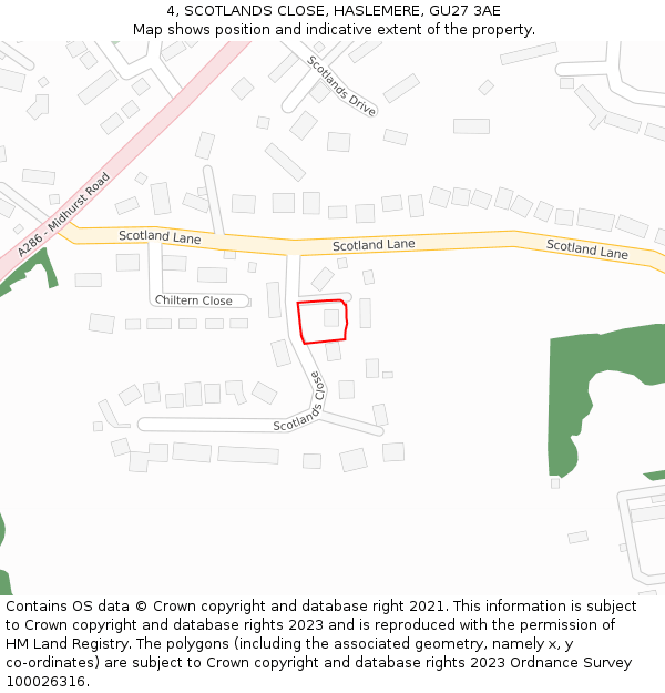 4, SCOTLANDS CLOSE, HASLEMERE, GU27 3AE: Location map and indicative extent of plot