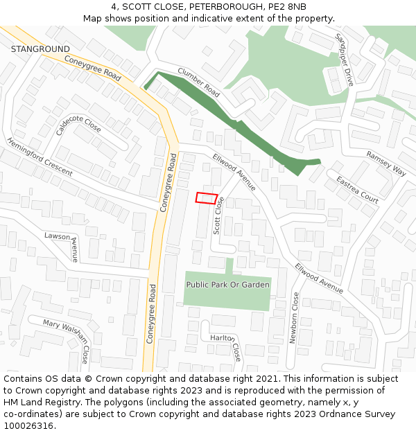 4, SCOTT CLOSE, PETERBOROUGH, PE2 8NB: Location map and indicative extent of plot