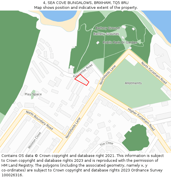 4, SEA COVE BUNGALOWS, BRIXHAM, TQ5 8RU: Location map and indicative extent of plot