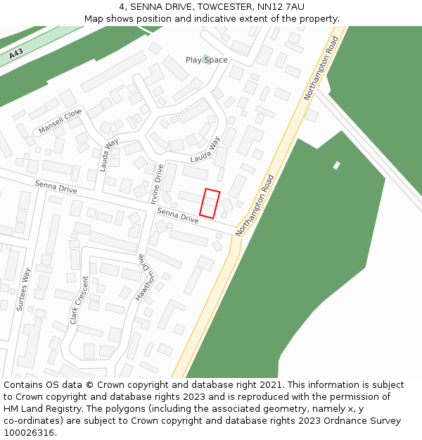 4, SENNA DRIVE, TOWCESTER, NN12 7AU: Location map and indicative extent of plot