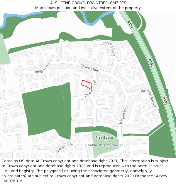 4, SHEENE GROVE, BRAINTREE, CM7 9FS: Location map and indicative extent of plot