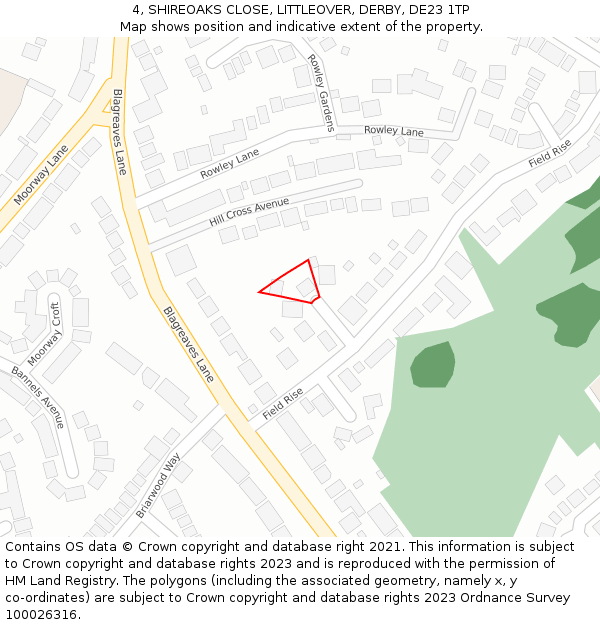 4, SHIREOAKS CLOSE, LITTLEOVER, DERBY, DE23 1TP: Location map and indicative extent of plot