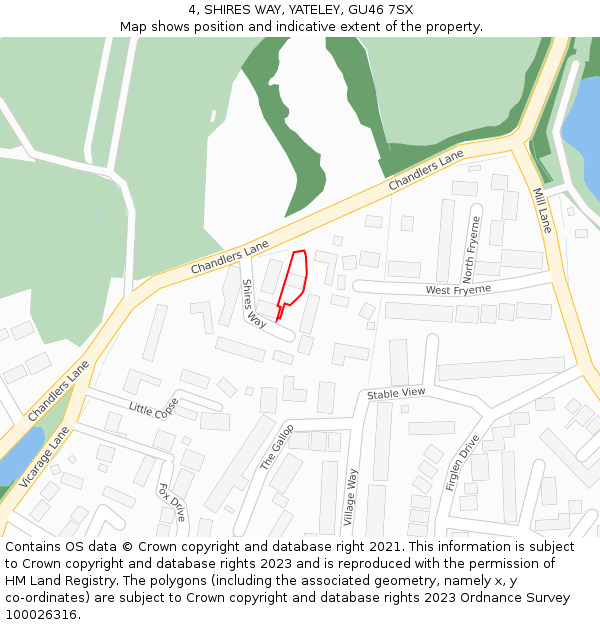 4, SHIRES WAY, YATELEY, GU46 7SX: Location map and indicative extent of plot