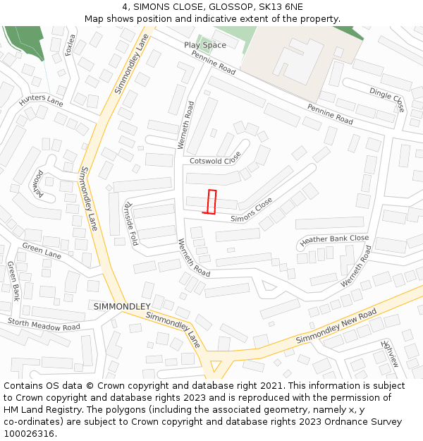 4, SIMONS CLOSE, GLOSSOP, SK13 6NE: Location map and indicative extent of plot