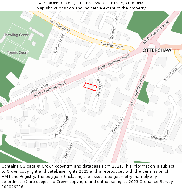 4, SIMONS CLOSE, OTTERSHAW, CHERTSEY, KT16 0NX: Location map and indicative extent of plot