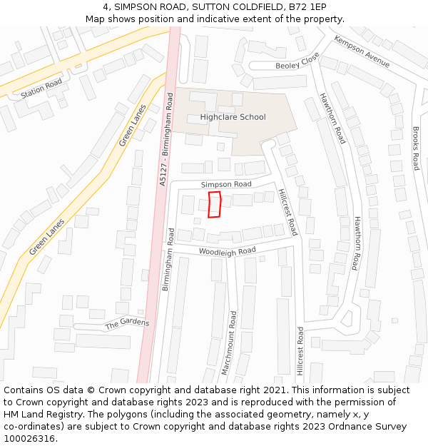 4, SIMPSON ROAD, SUTTON COLDFIELD, B72 1EP: Location map and indicative extent of plot