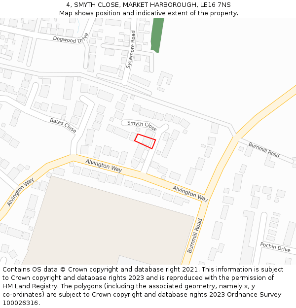 4, SMYTH CLOSE, MARKET HARBOROUGH, LE16 7NS: Location map and indicative extent of plot