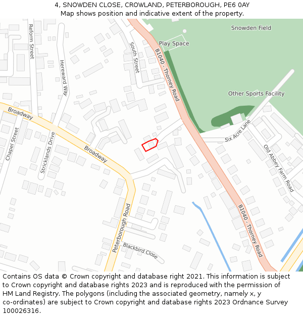 4, SNOWDEN CLOSE, CROWLAND, PETERBOROUGH, PE6 0AY: Location map and indicative extent of plot