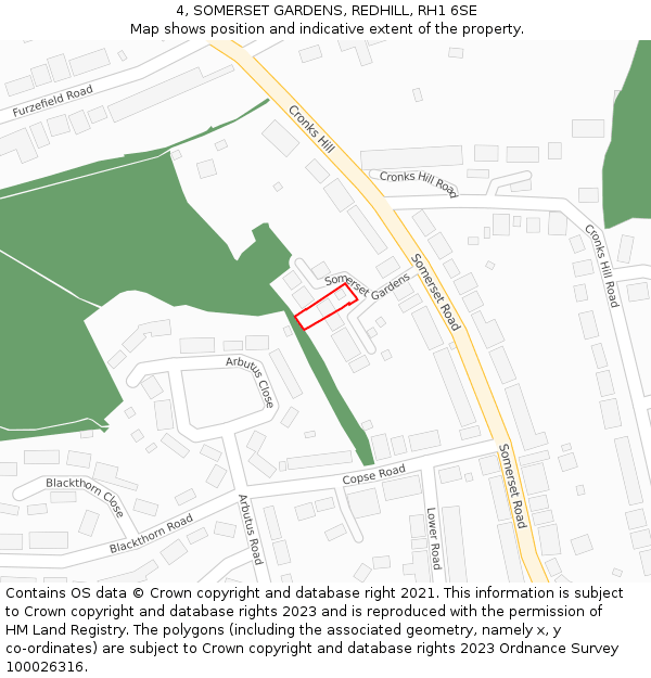 4, SOMERSET GARDENS, REDHILL, RH1 6SE: Location map and indicative extent of plot