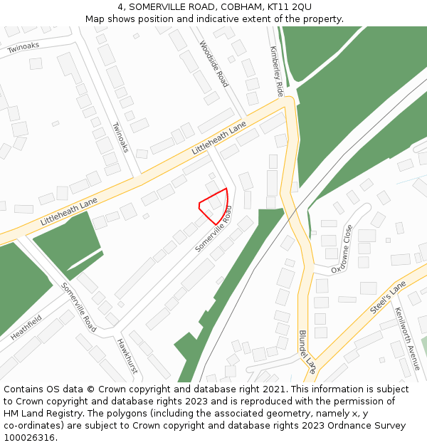 4, SOMERVILLE ROAD, COBHAM, KT11 2QU: Location map and indicative extent of plot