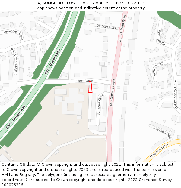 4, SONGBIRD CLOSE, DARLEY ABBEY, DERBY, DE22 1LB: Location map and indicative extent of plot