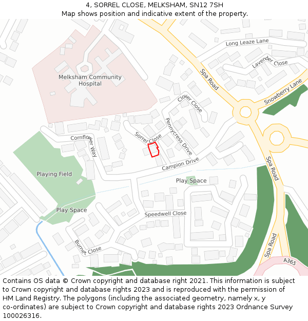 4, SORREL CLOSE, MELKSHAM, SN12 7SH: Location map and indicative extent of plot