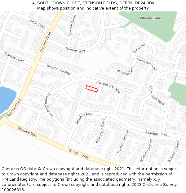 4, SOUTH DOWN CLOSE, STENSON FIELDS, DERBY, DE24 3BX: Location map and indicative extent of plot
