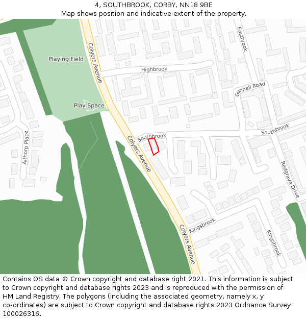 4, SOUTHBROOK, CORBY, NN18 9BE: Location map and indicative extent of plot
