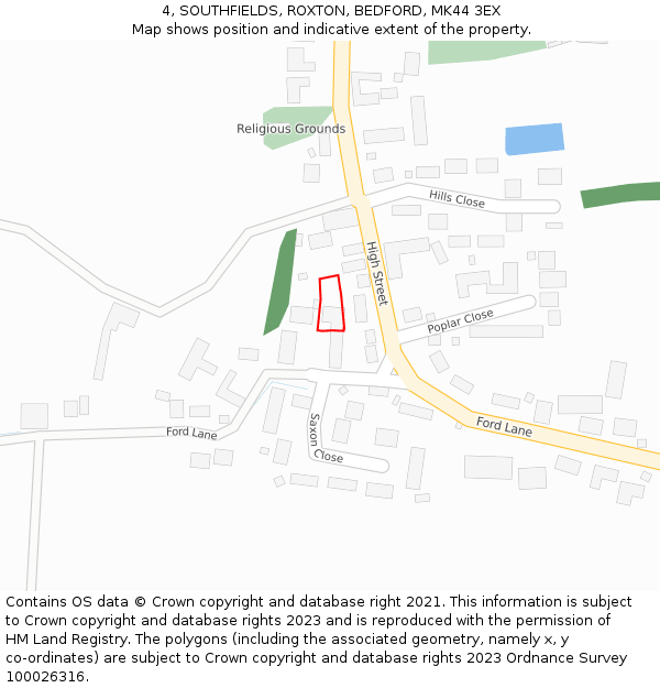 4, SOUTHFIELDS, ROXTON, BEDFORD, MK44 3EX: Location map and indicative extent of plot