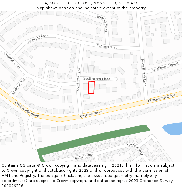 4, SOUTHGREEN CLOSE, MANSFIELD, NG18 4PX: Location map and indicative extent of plot