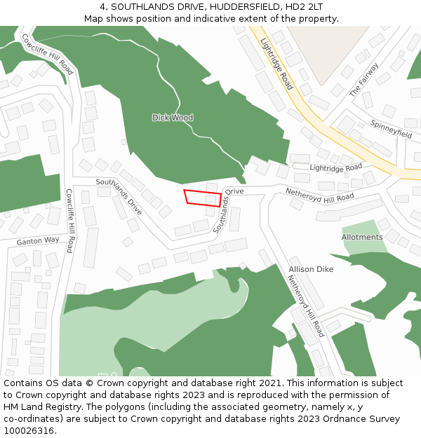 4, SOUTHLANDS DRIVE, HUDDERSFIELD, HD2 2LT: Location map and indicative extent of plot