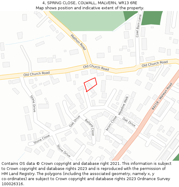 4, SPRING CLOSE, COLWALL, MALVERN, WR13 6RE: Location map and indicative extent of plot
