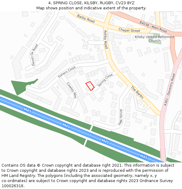 4, SPRING CLOSE, KILSBY, RUGBY, CV23 8YZ: Location map and indicative extent of plot