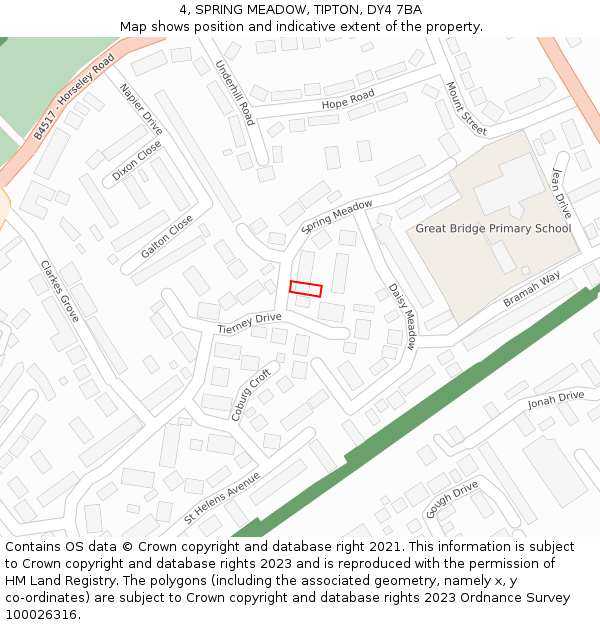 4, SPRING MEADOW, TIPTON, DY4 7BA: Location map and indicative extent of plot