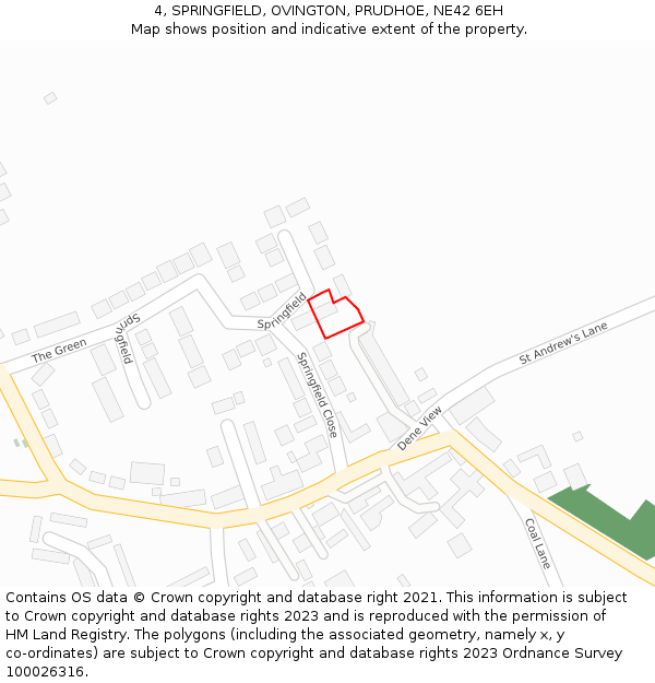 4, SPRINGFIELD, OVINGTON, PRUDHOE, NE42 6EH: Location map and indicative extent of plot
