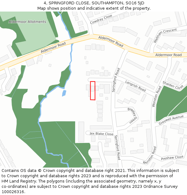 4, SPRINGFORD CLOSE, SOUTHAMPTON, SO16 5JD: Location map and indicative extent of plot