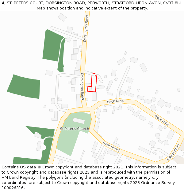 4, ST. PETERS COURT, DORSINGTON ROAD, PEBWORTH, STRATFORD-UPON-AVON, CV37 8UL: Location map and indicative extent of plot