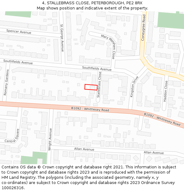 4, STALLEBRASS CLOSE, PETERBOROUGH, PE2 8RX: Location map and indicative extent of plot