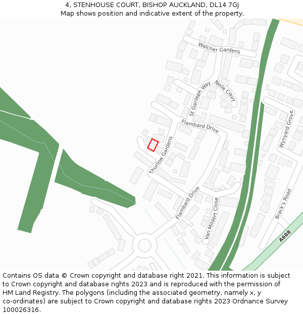 4, STENHOUSE COURT, BISHOP AUCKLAND, DL14 7GJ: Location map and indicative extent of plot