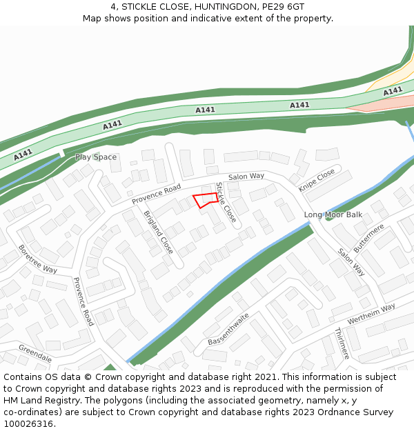 4, STICKLE CLOSE, HUNTINGDON, PE29 6GT: Location map and indicative extent of plot