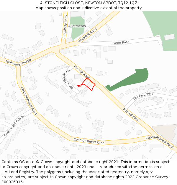 4, STONELEIGH CLOSE, NEWTON ABBOT, TQ12 1QZ: Location map and indicative extent of plot