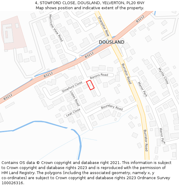 4, STOWFORD CLOSE, DOUSLAND, YELVERTON, PL20 6NY: Location map and indicative extent of plot